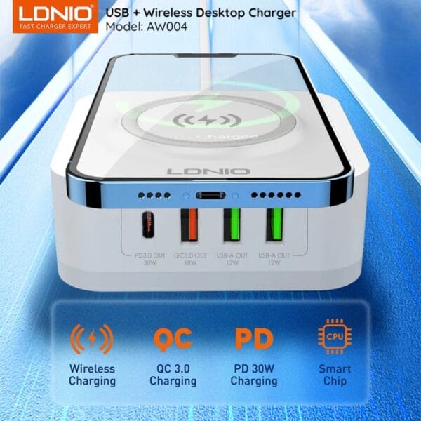 CARREGADOR LDNIO 32W 5IN1 15W WIRELESS + PD30W+ QC18W+2AUTO-ID