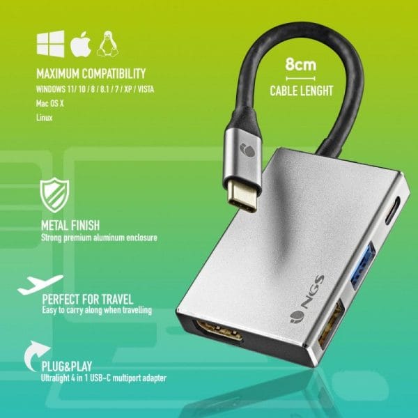 HUB NGS ALUM. 4 PARA 1 USB-C MULTI-PORT ADAPTER WONDERDOCK4